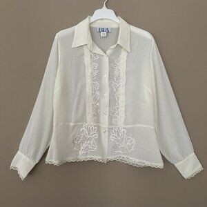 Vintage 90’s Embroidered Ivory Button Shirt Women L Cottagecore Boho Floral Bead